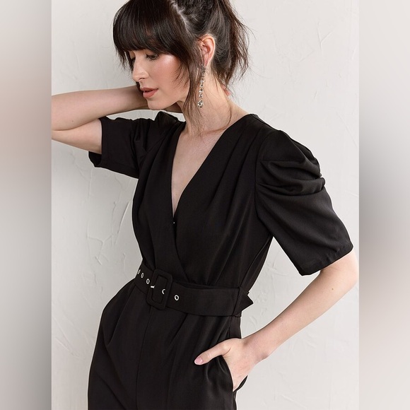 New York & Company Women's Puff Sleeve Belted Jumpsuit - Lena Black - Picture 2 of 5
